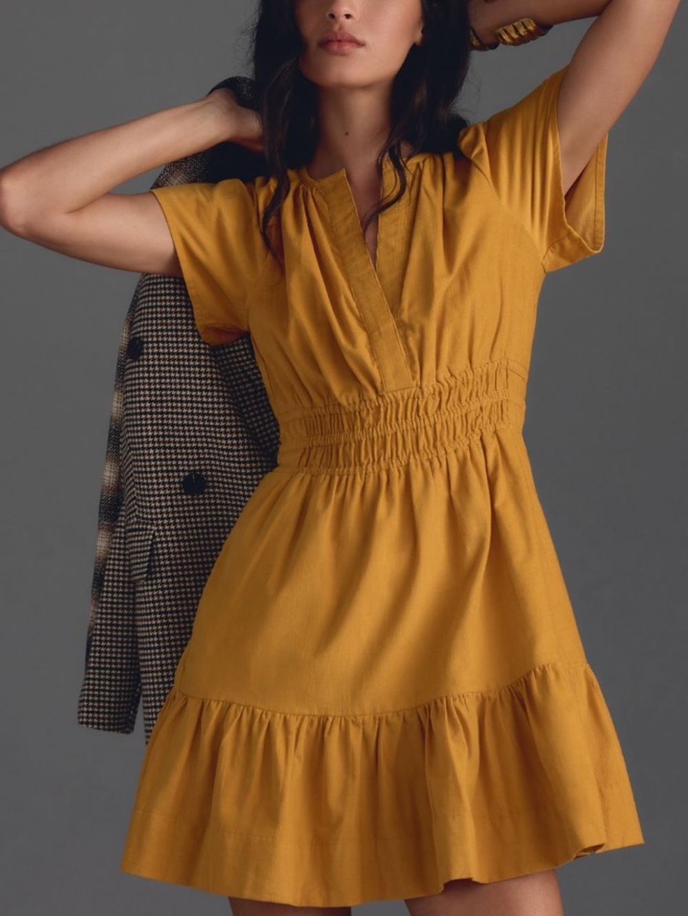 Anthropologie Somerset Mini Dress Corduroy Maize L Golden Yellow Smocked